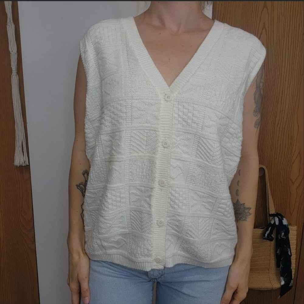 Vintage Heart Patchwork Knit Sweater Cardigan Vest Size Medium